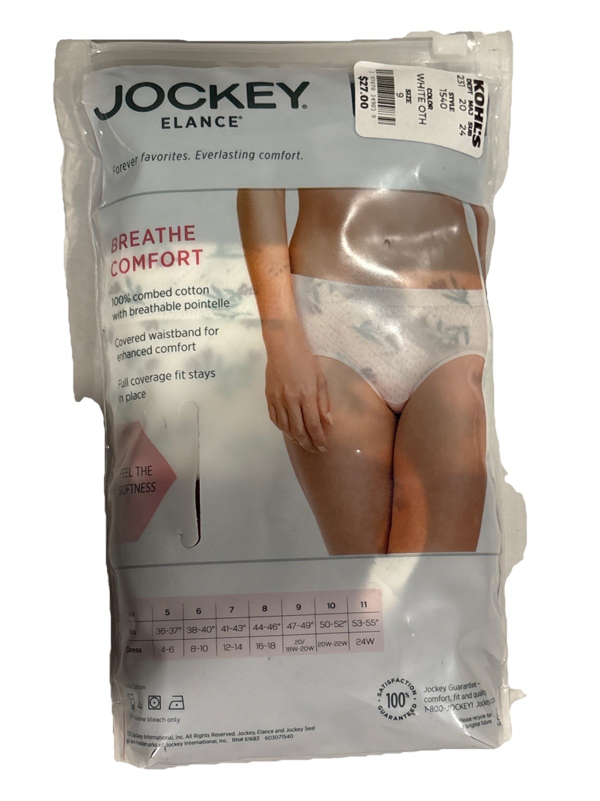 Jockey Women’s 100% Cotton Elance Breathe Hipster – 3 Pack Size 9/XXL