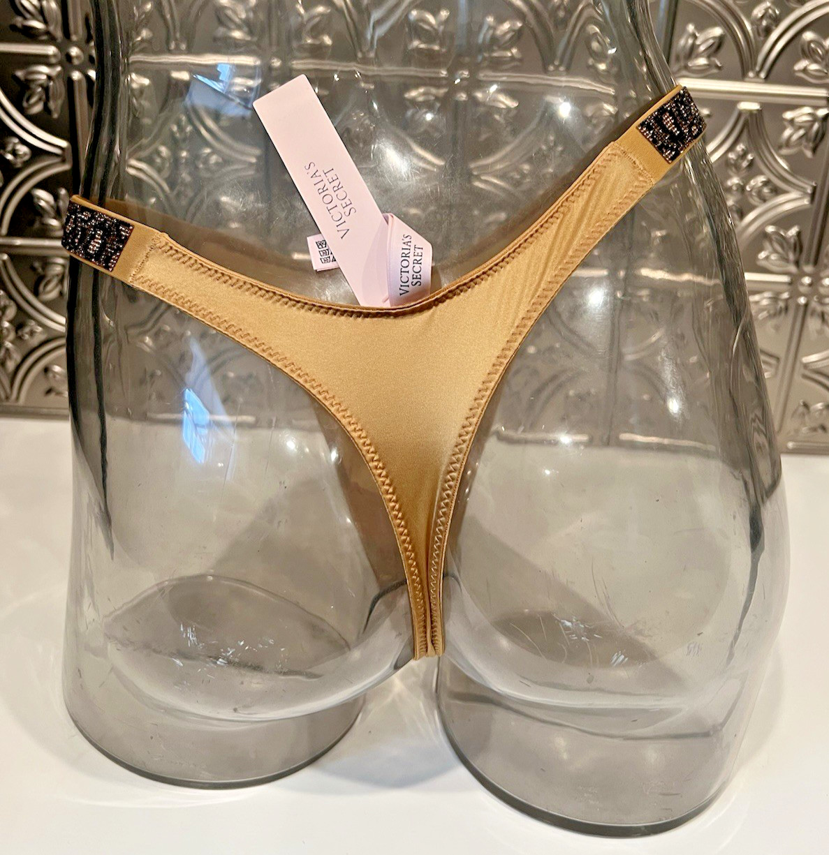 Victoria’s Secret VERY SEXY Shine Strap Satin THONG Panty XL PALOMINO GOLD NWT