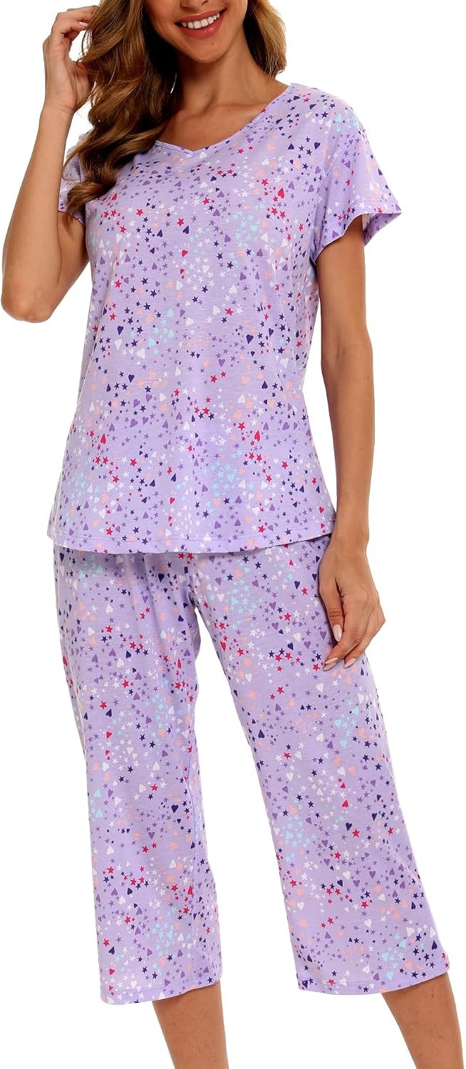 ENJOYNIGHT Womens Pajama Sets Cotton Summer Pjs Tops with Capri Pants Sleepwear