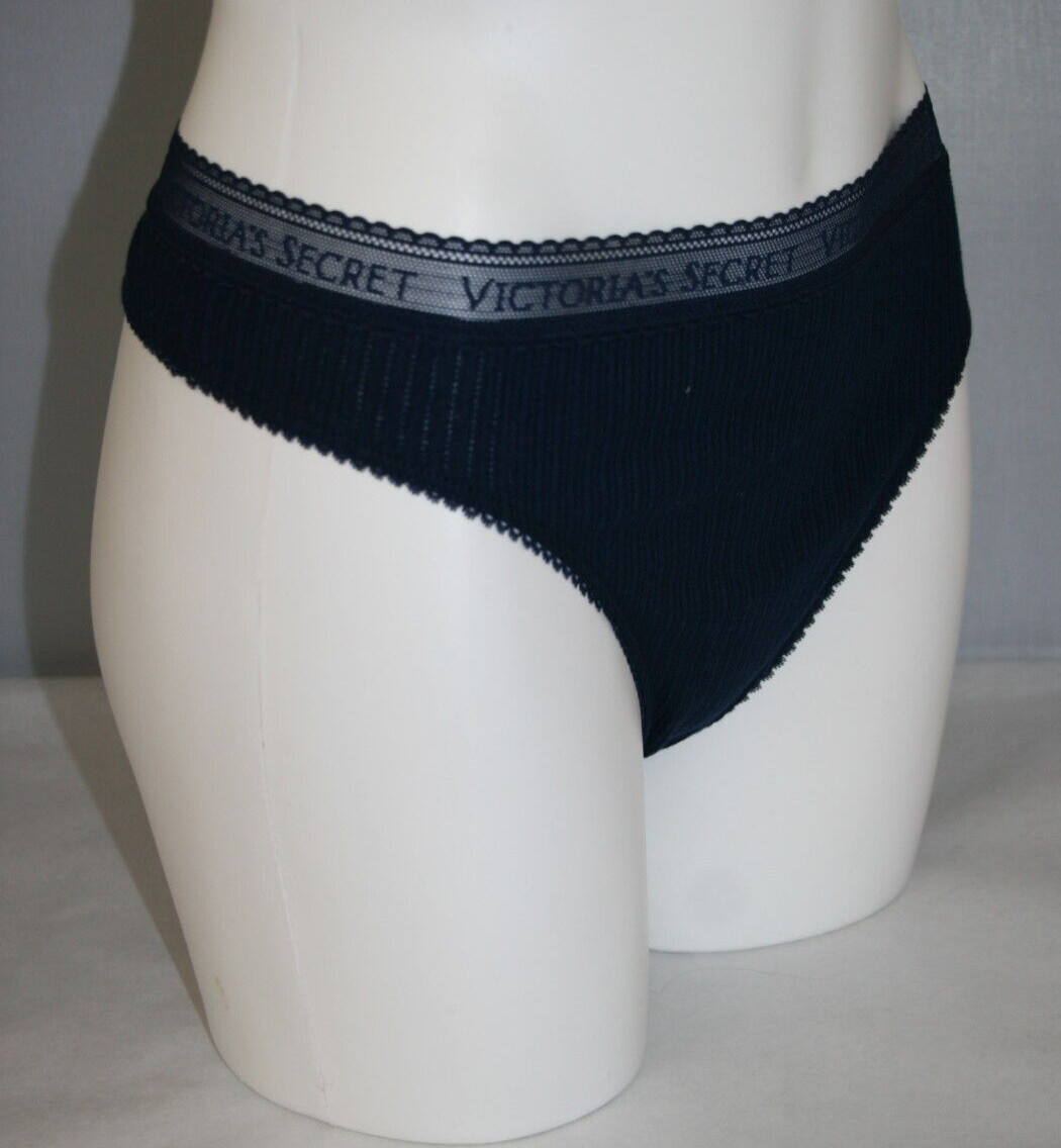 Victoria’s Secret Logo Cotton Lace-Waist Thong Panty Noir Navy Rib Knit XL NEW