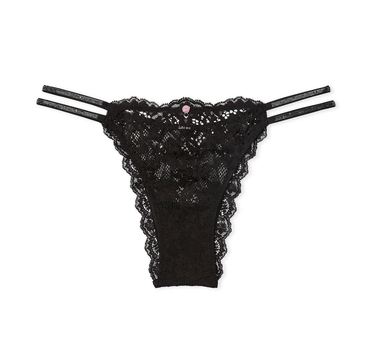 Victoria’s Secret Double Shine Strap Lace BRAZILIAN Panty Sz M BLACK NWT$24