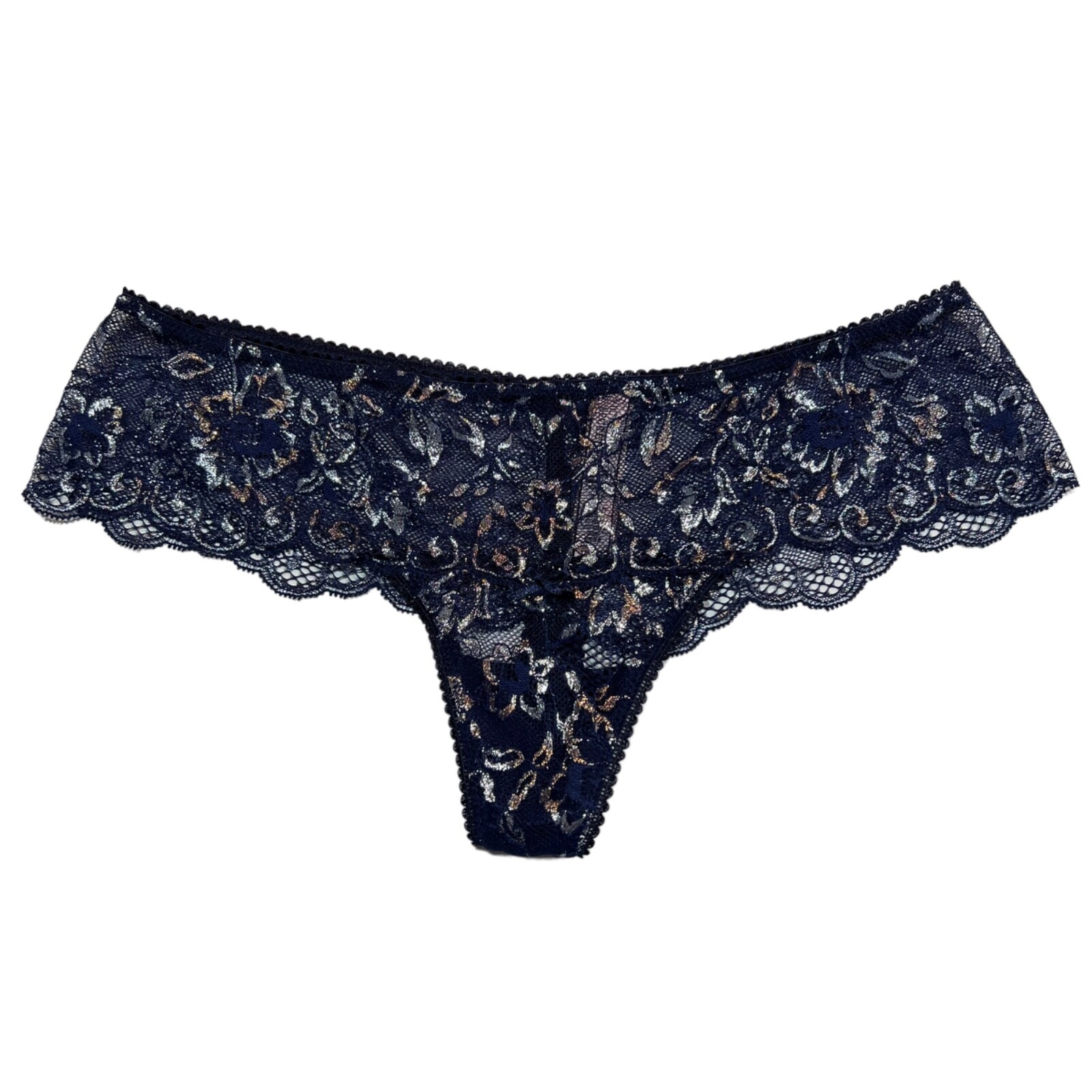 NWT VICTORIA’S SECRET Wide Side Thong Sz M-L Blue Silver Metallic Lace