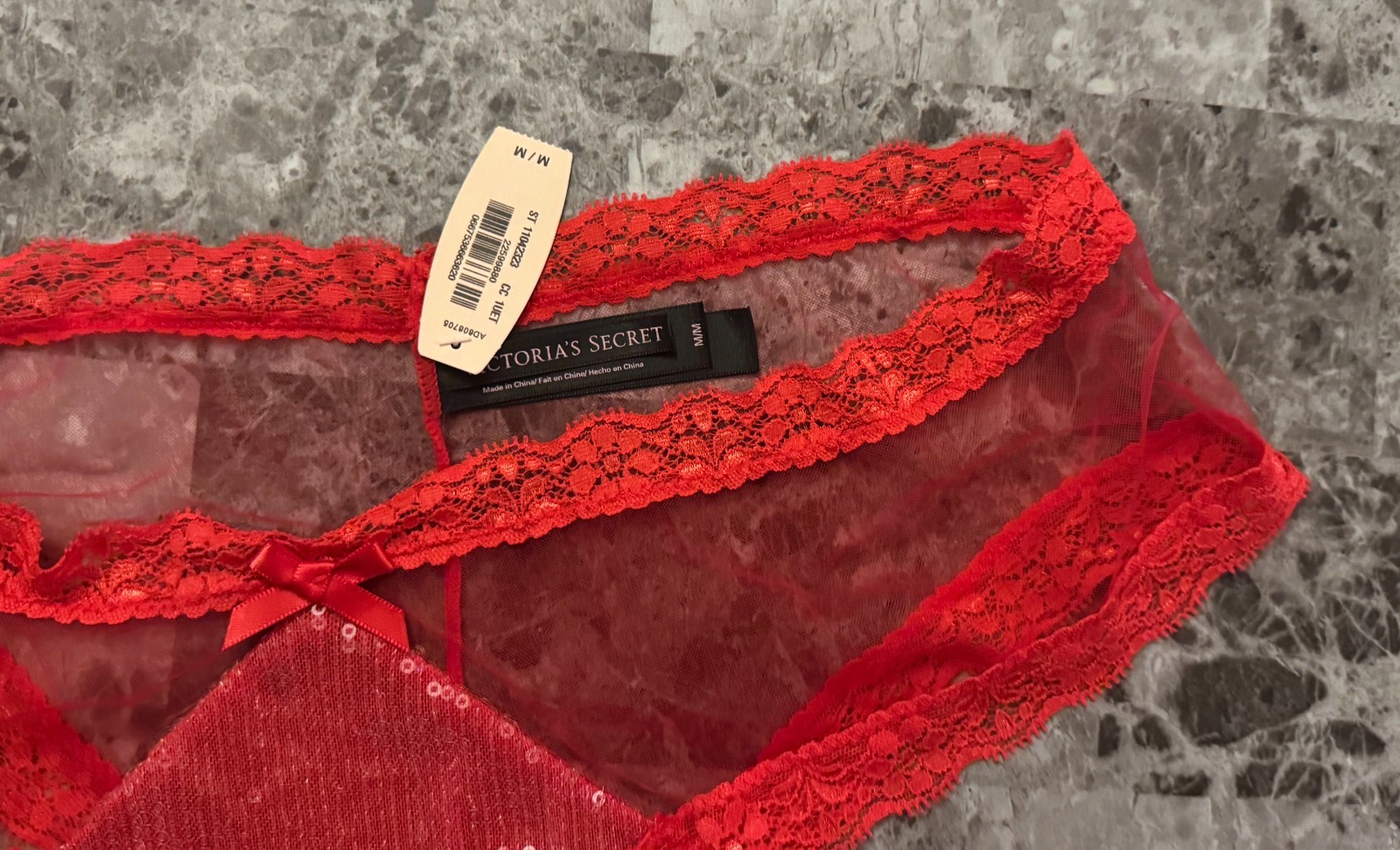 NWT VICTORIA’S SECRET MEDIUM RED CLEAR SEQUIN MESH LACE BOW RARE CHEEKY PANTIES
