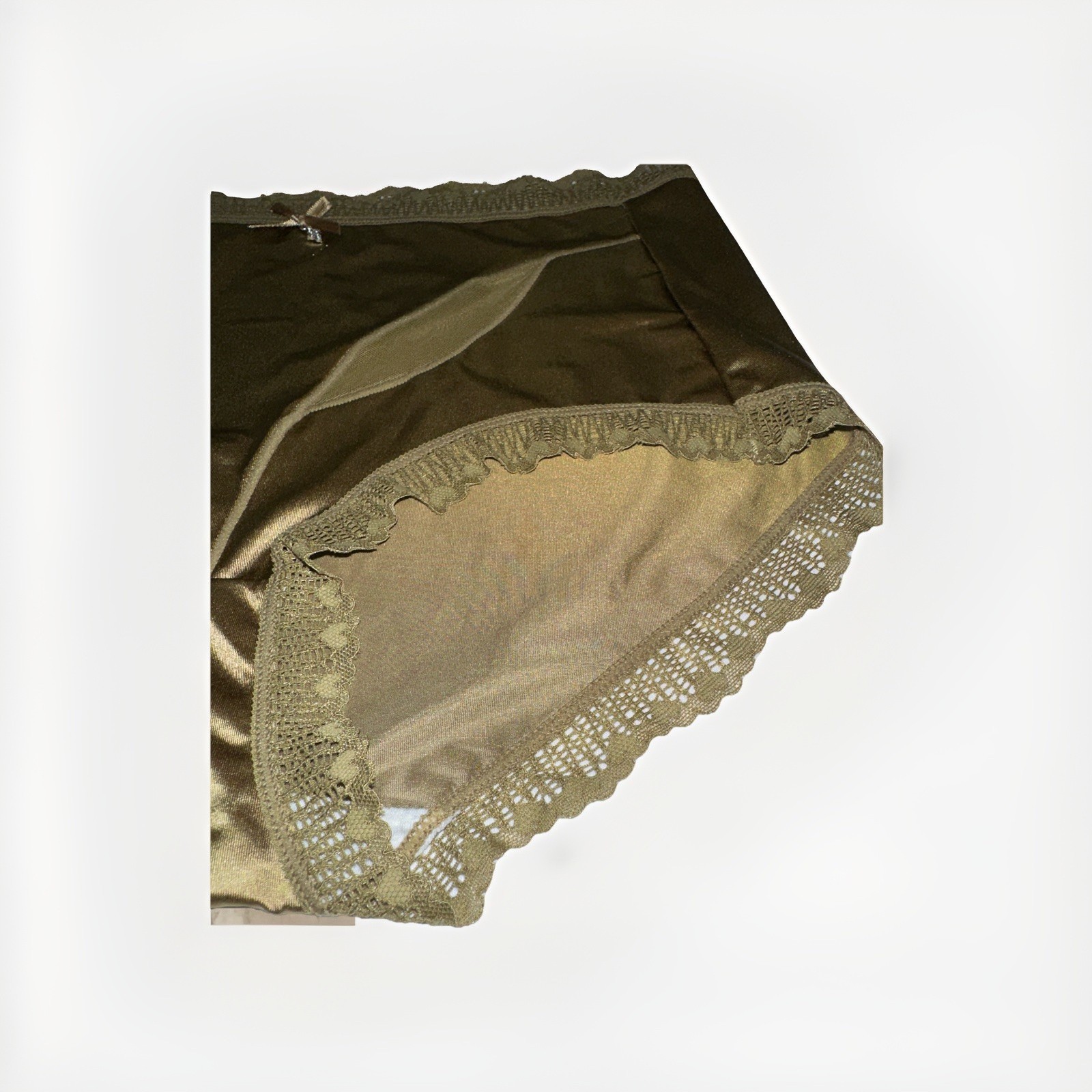 ~Shiny Large Olive with Gem Nylon Lace Blended Panties W/Bow and Gem New Size L