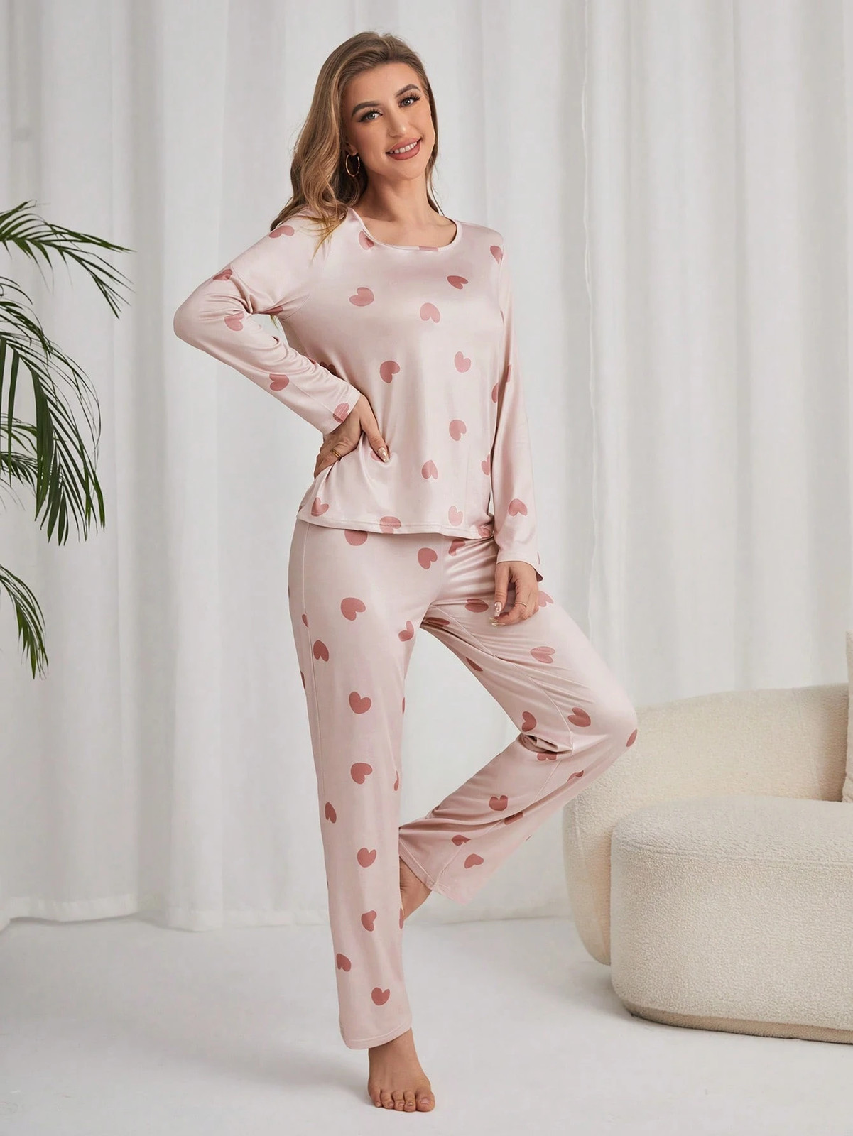 Heart Pattern T Shirt & Pants Pyjama Set Ladies Comfy Loungewear For Cheap24