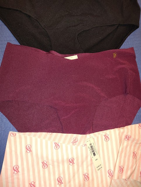MEDIUM–VICTORIA’S SECRET LOGO HIPHUGGER/HIPSTER -STRIPE/BURGANDY/BLACK- LOT OF 3