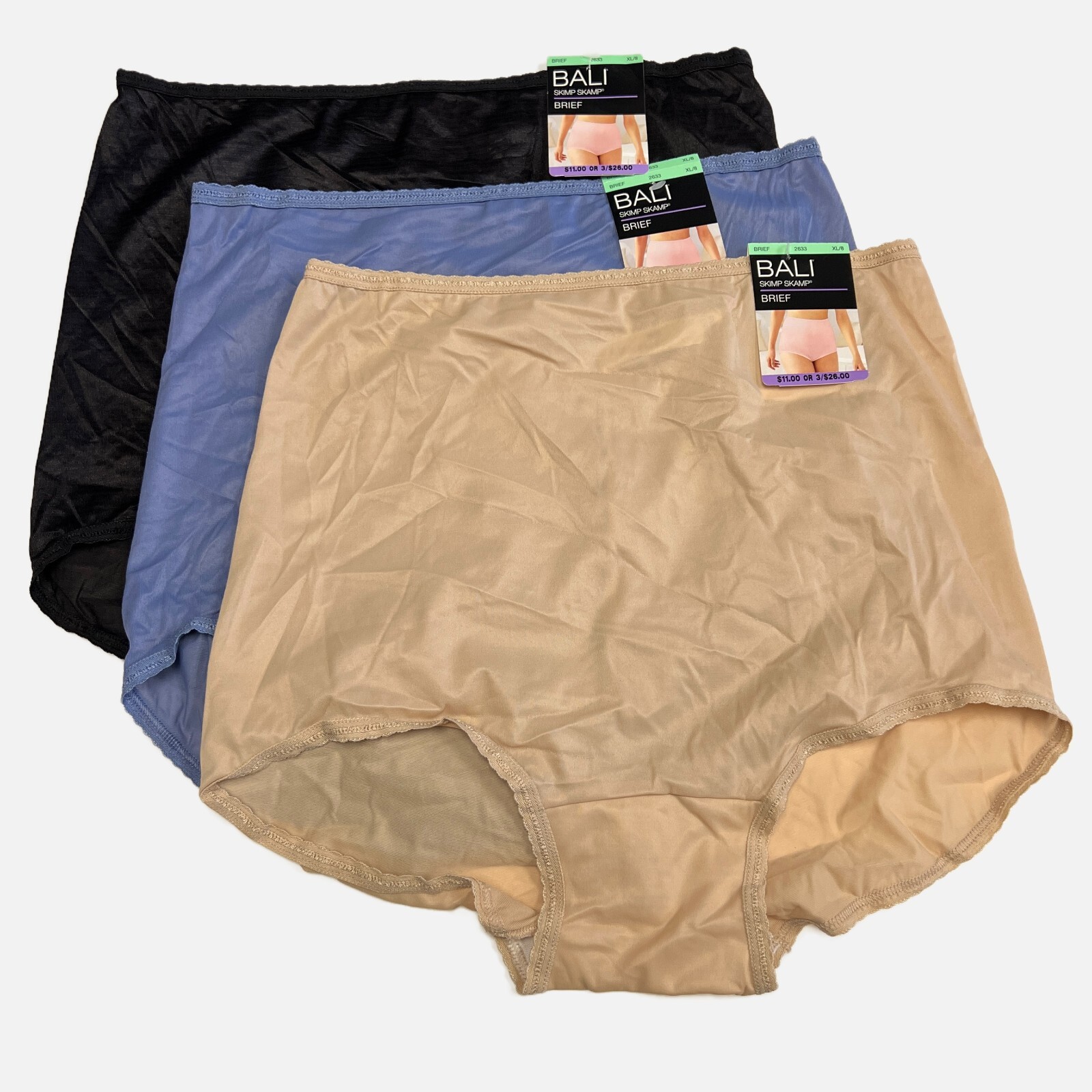 3 Bali Skimp Skamp Brief Panty XL Size 8 Full Coverage Nylon Panties NWT 2633