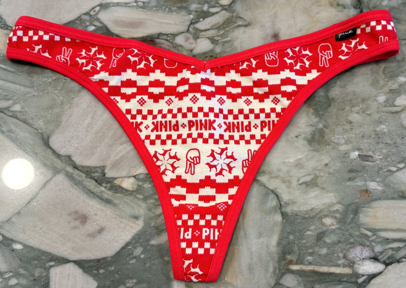 NEW Victoria Secret PINK Cotton Thong Panty – Red Pepper Fair Isle – XL