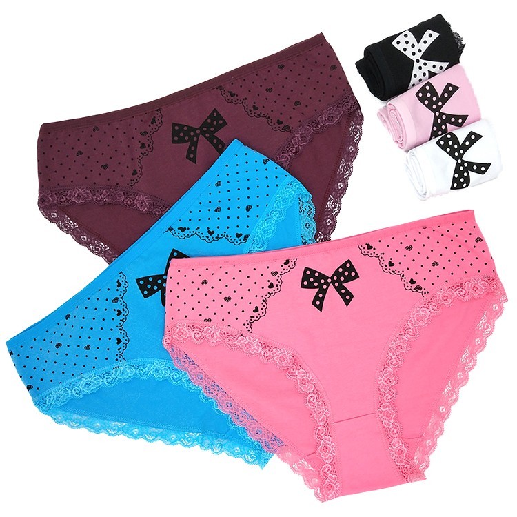 6 Pack 2XL 3XL 4XL Women Cotton Brief Panties Lace Trim Bow Print Plus Size Set