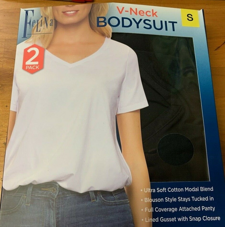 Felina 2 Pack V-Neck Bodysuit Blouson Style Full Coverage Ultra Soft J63