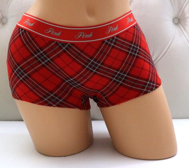 Victoria’s Secret PINK Logo Boyshort Panty Vermillion Red Plaid S M L XL XXL NEW