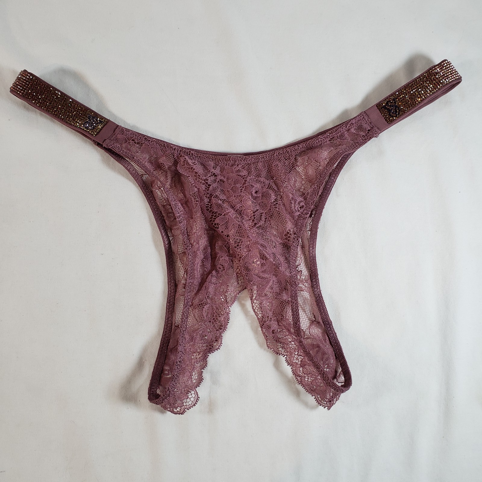 Victoria’s Secret Shine Strap Lace Crotchless Brazilian Panty Purple Vapor S M L