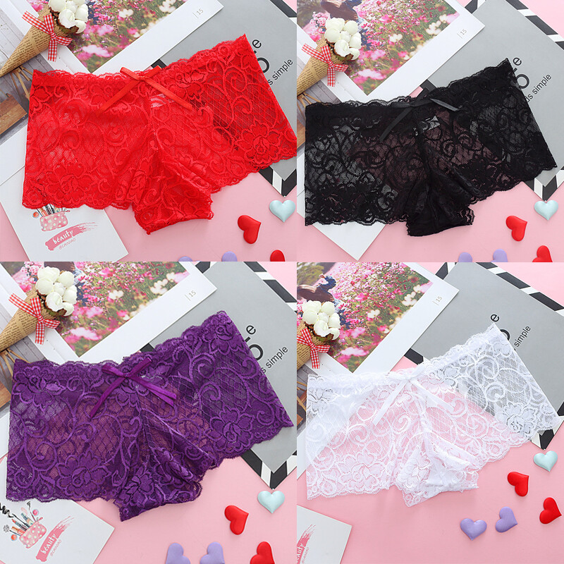 4 Pack Lot Sexy Womens Sheer Lace See Through Panties Briefs Boyshorts Underwear