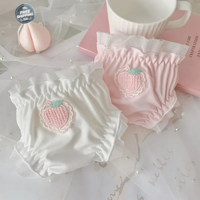 Strawberry Panties Women Satin Sweet Ruffle Briefs Cute Peach Kawaii Underwear