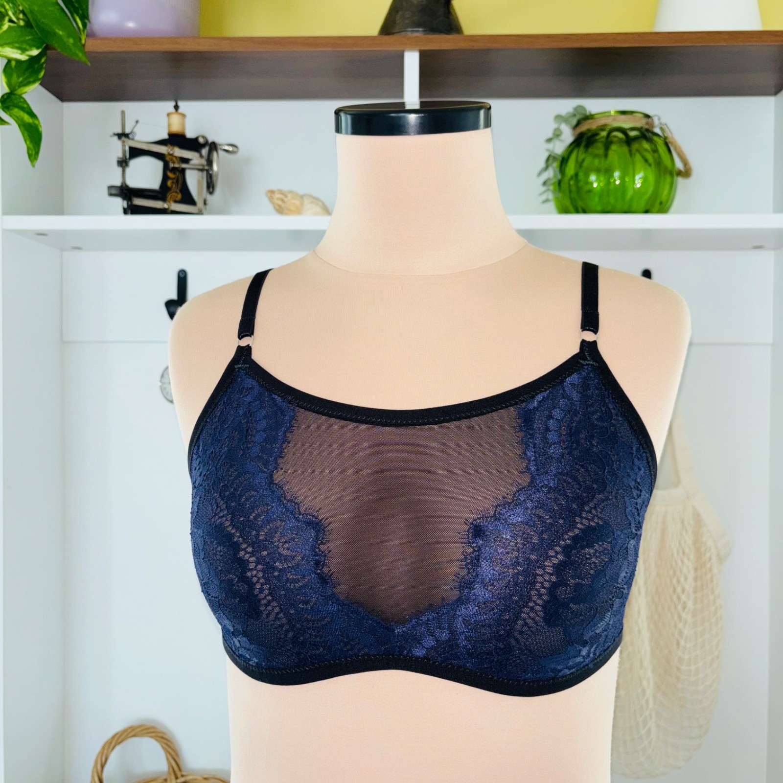 BLUE Lace UNDERWEAR Set SHEER Black SISSY Mesh Vintage LINGERIE Bikini BRIEF S M