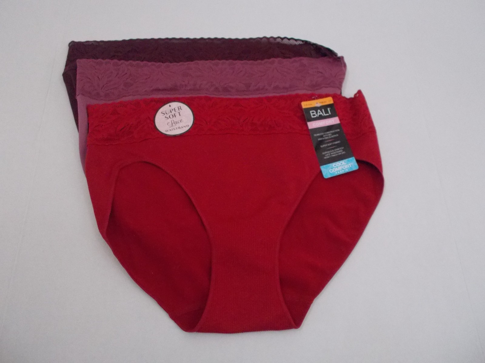 NWT BALI 3 Pair Red Purple Eggplant High Cut Lace Trim Brief Panties Sz L (7)