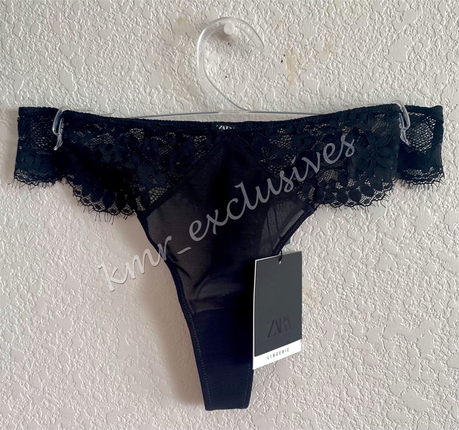 NWT Zara Lingerie Lace/ Semi-Sheer Mesh Thong Underwear in Black Size:S MSRP:$17