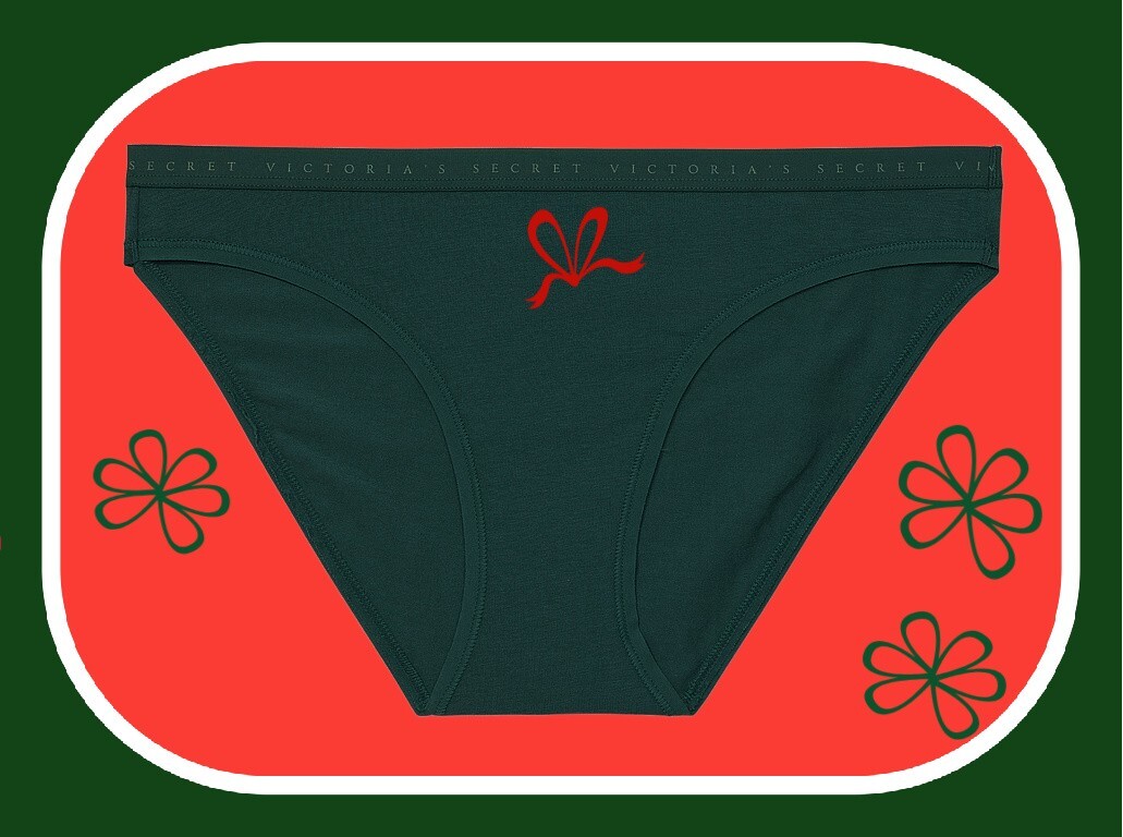 M Deep EverGreen w Graphic Red Bow Stretch COTTON Victoria’s Secret BIKINI Panty