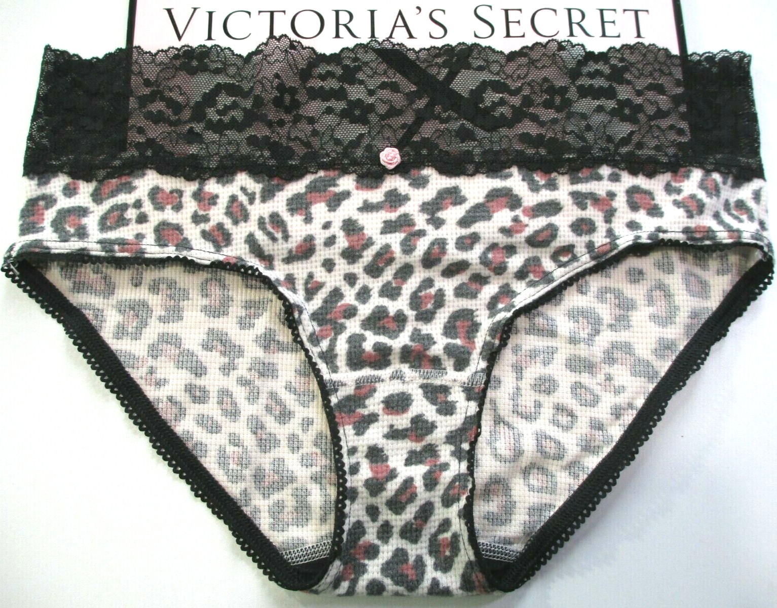 VICTORIA’S SECRET Thermal Hiphugger Panty M XL Leopard Black Lace Waist VS NWT