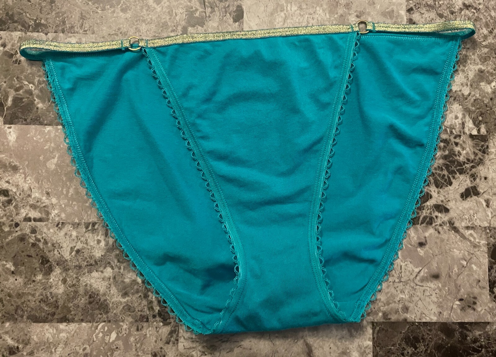 VICTORIA’S SECRET XL TEAL GREEN GOLD RING SHINE SHIMMER STRING BIKINI PANTIES