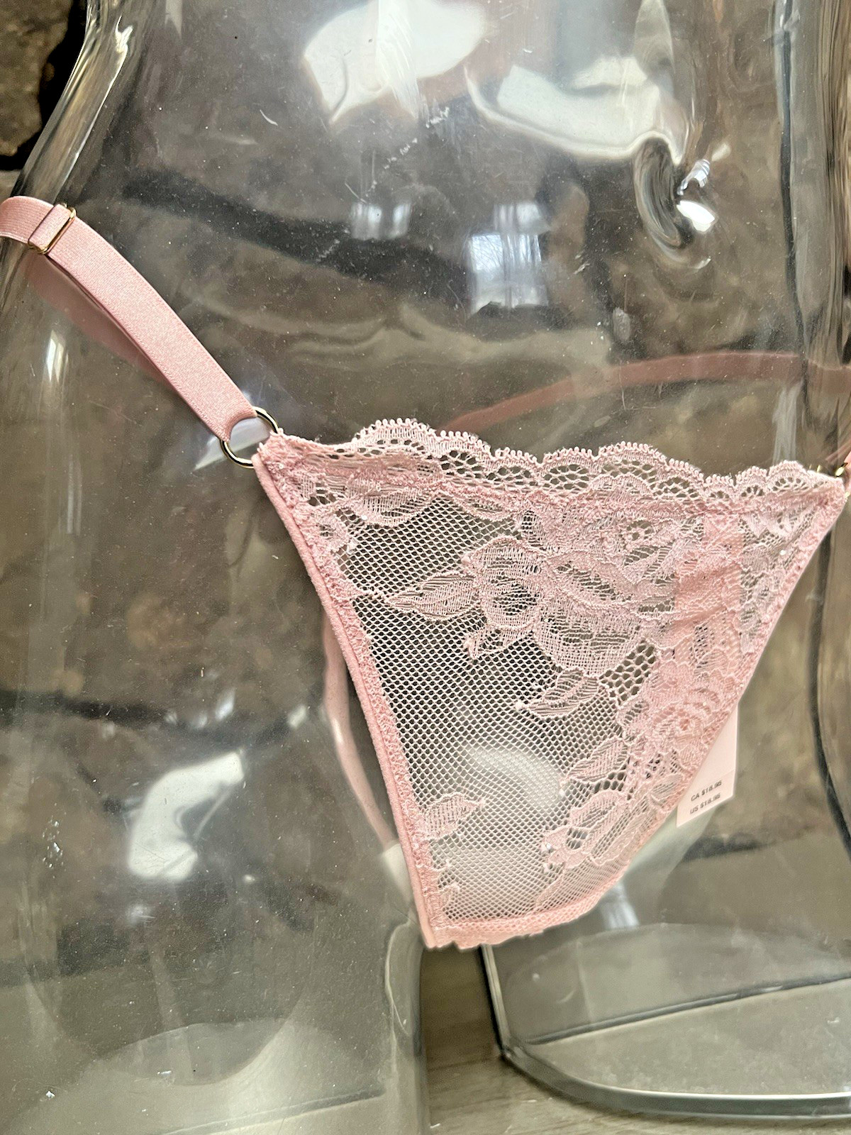 Victoria’s Secret Rose Lace Shimmer Adjustable V-STRING Panty Sz S Nude Pink NWT