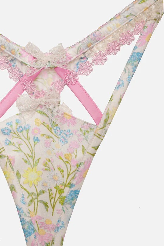 For Love And Lemons Glitter Garden Thong Panty Front Cutout Lace Trimmed Small
