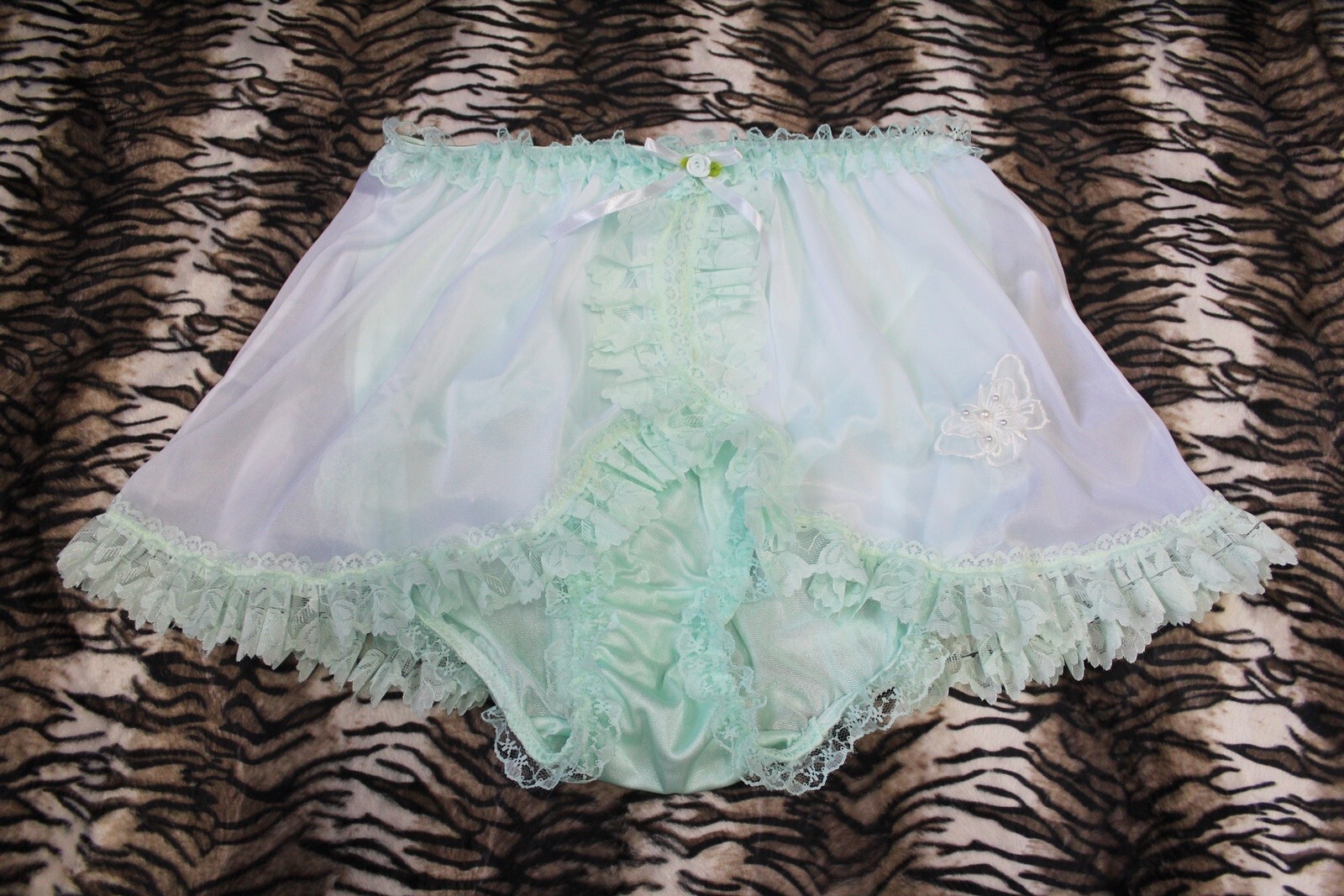 #A52 2XL/ElasticW.26-44″ 2in1 Nylon Green Briefs Panties+White Half Slip 13″