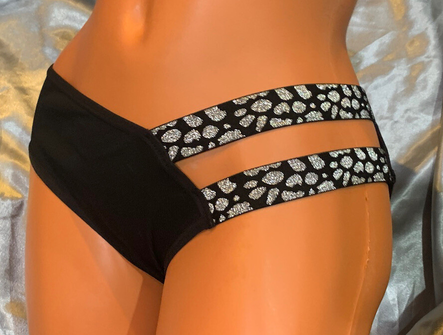Nwot Bdsm glitter double side strap String silver black Bikini panties xl