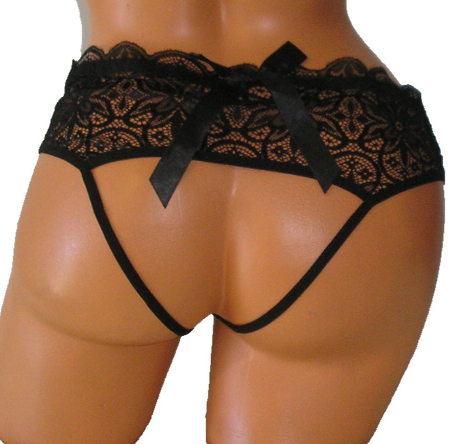 Panties Lingerie Black Lace Bow Detail Open Back Crotchless, XL Adult Gift