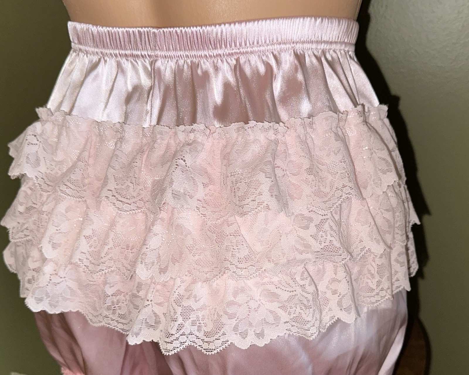 Glossy Pink Satin w Tiered Ruffled Lace Bloomers Long Leg Sissy Panties XL New