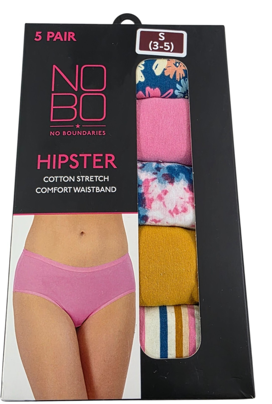 No Boundaries 5-Pack Cotton Stretch Comfort Waistband Hipster Panties – Small