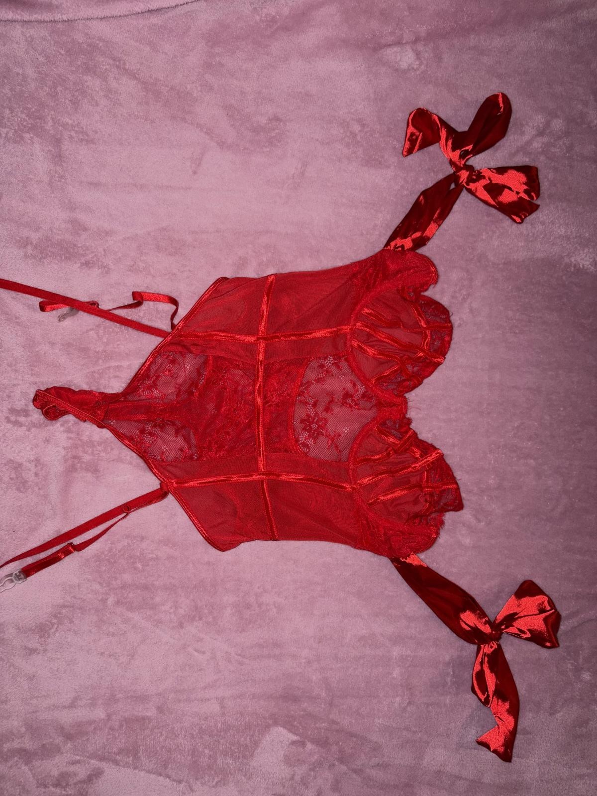 Red Lace and Satin Lingerie Bodysuit with Bow Straps