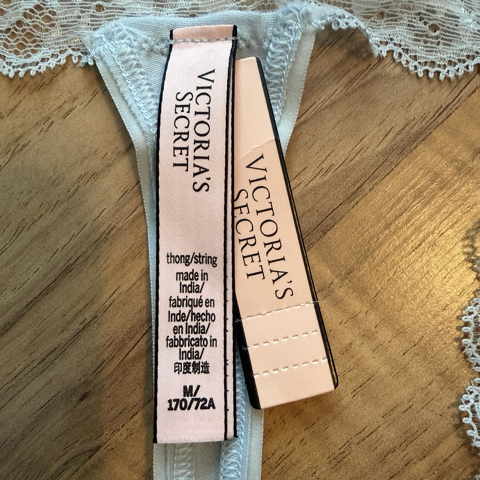 NWT Victoria’s Secret Lace Stretchy ￼ Thong Panty Powder Blue/ Light Blue Medium