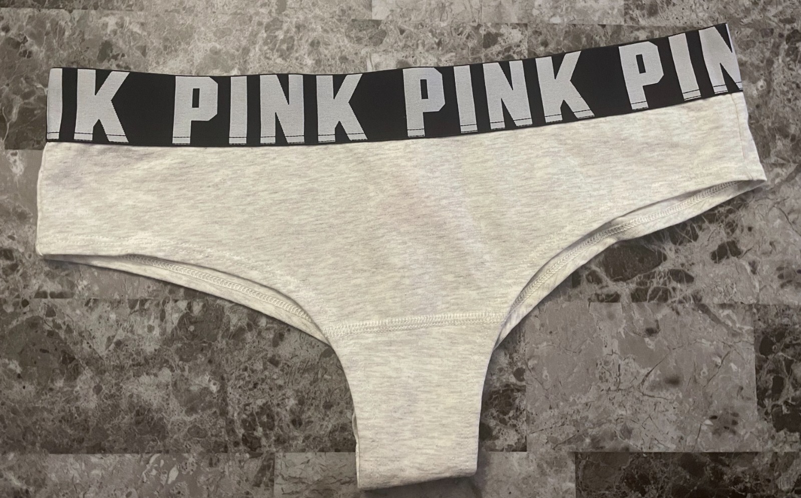 NWT VICTORIA’S SECRET PINK L LIGHT GRAY THICK LOGO BAND RARE CHEEKSTER PANTIES