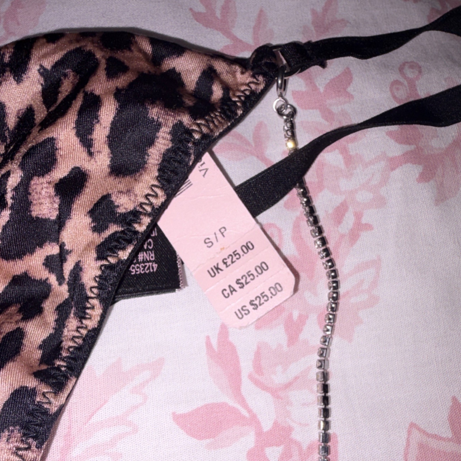 Victoria’s Secret Leopard Thong Chain Accent Panty Brown Black S/P Satin NWT