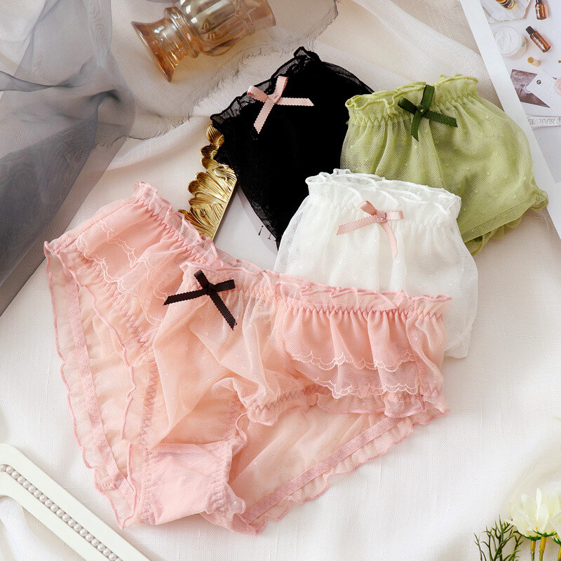 3PCS Women Ruffle Mesh Briefs Underwear Sheer See Through Panties Sexy Lingerie
