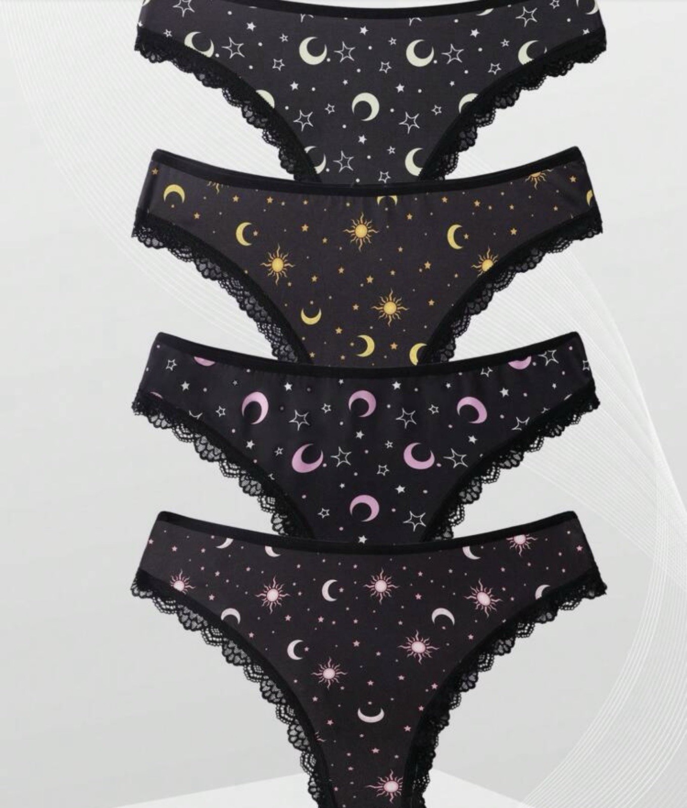 Women’s Teen’s Celestial Stars & Moons Bikini Panties Lace Stretch 4pk (8) Large