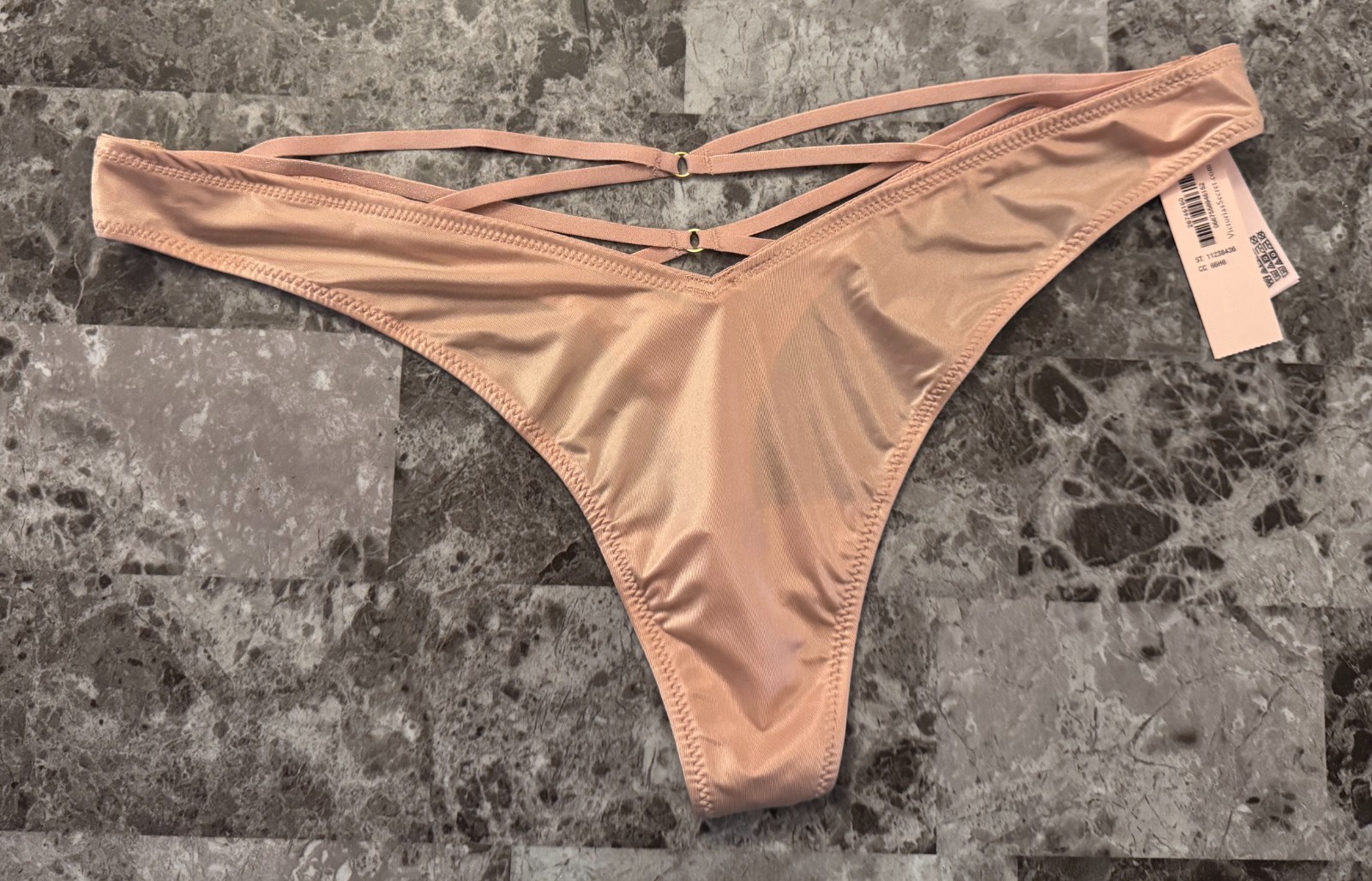 VICTORIA’S SECRET BEIGE NUDE SATIN SMOOTH STRAPPY BACK HIGH LEG THONG PANTIES