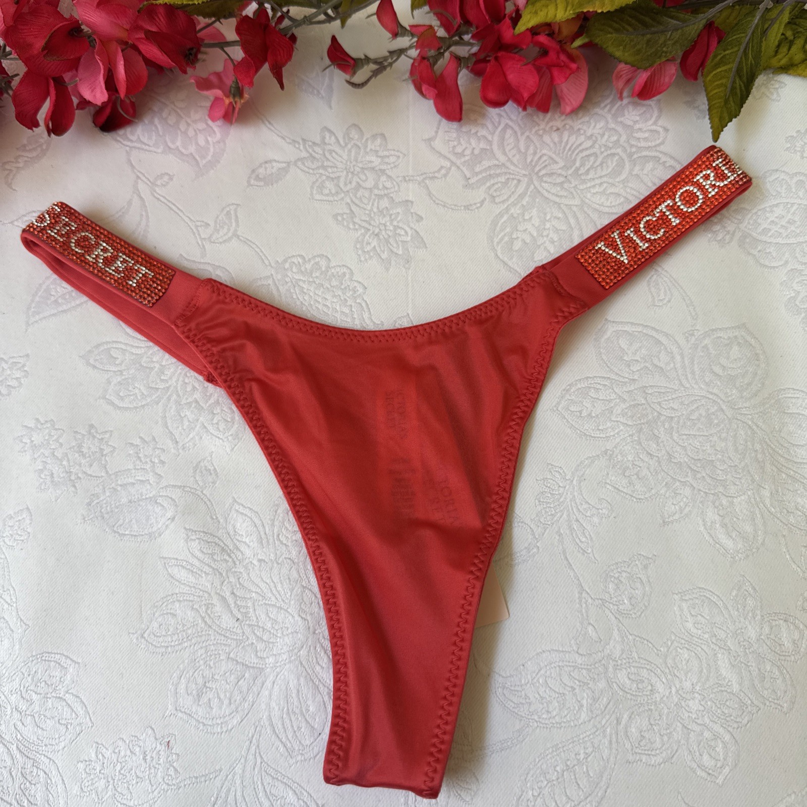 VICTORIA’S SECRET XS CORAL RHINESTONE VERY SEXY THONG SHINE STRING PANTIES NWT