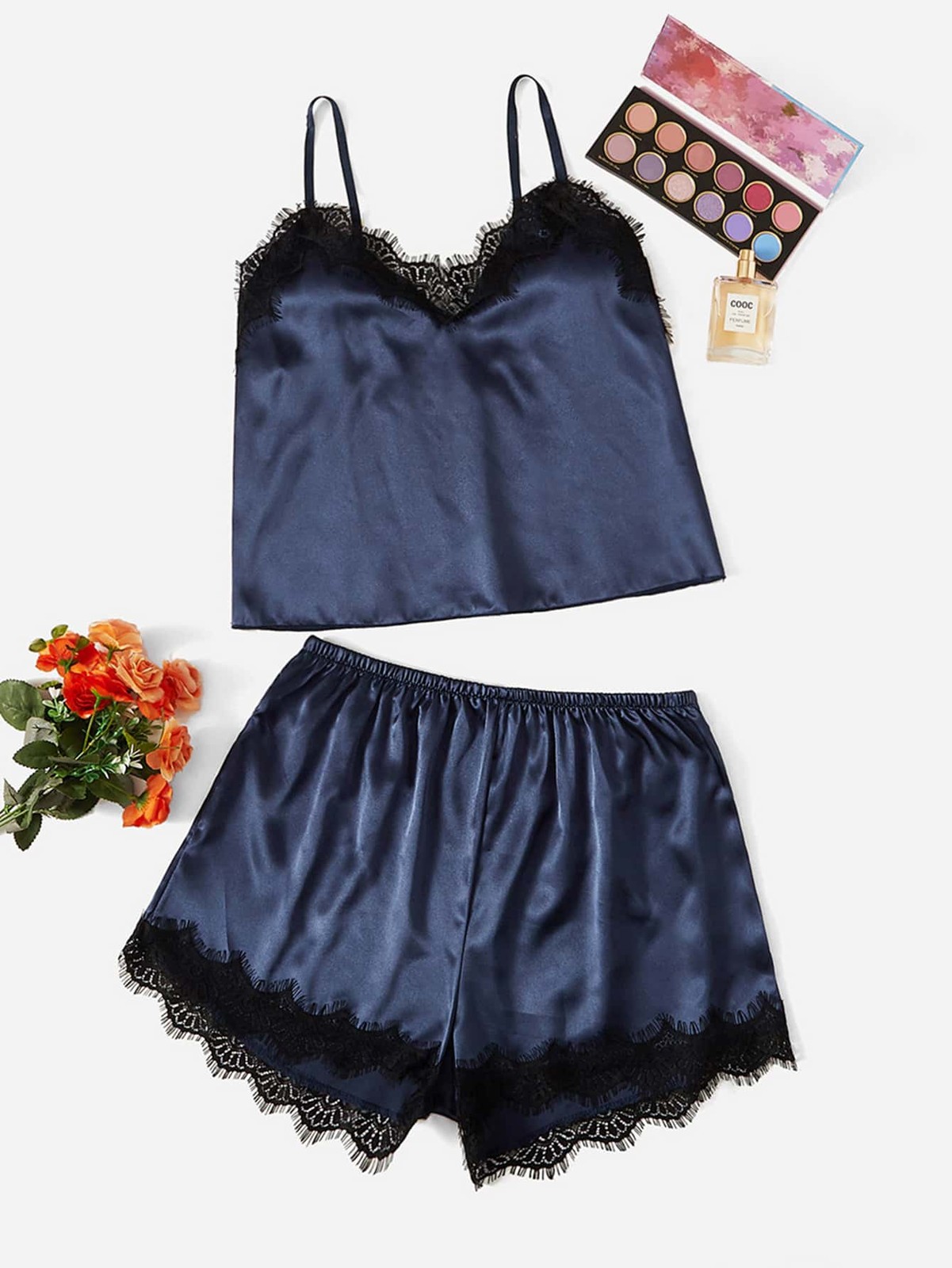 Elegant Satin Cami Top & Shorts Pyjama Set With Lace Edge Cheap24