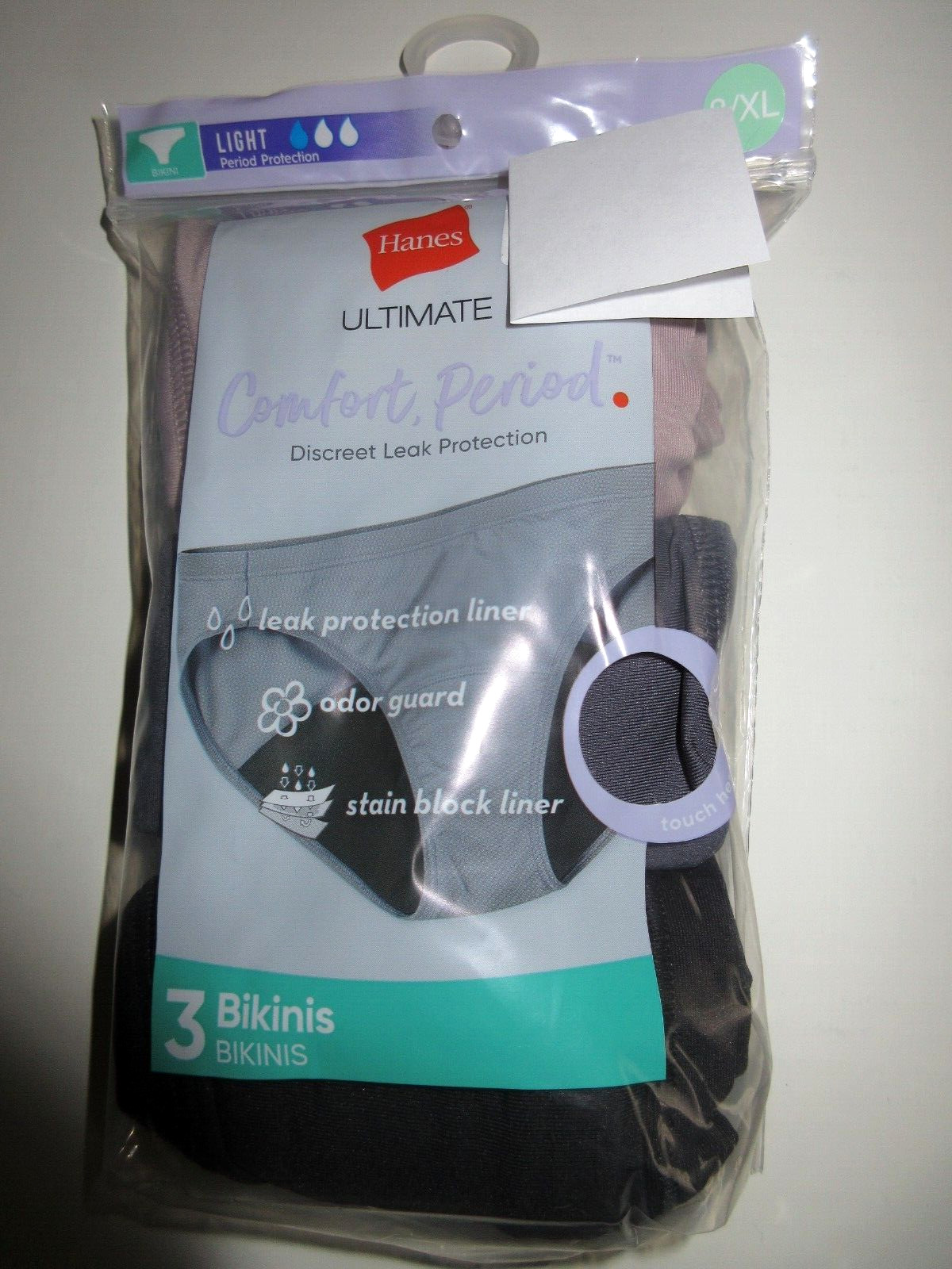 Hanes 3-Pack Womens Period BIKINIS Leak Protection Underwear Panties ~ XL/8 NIP