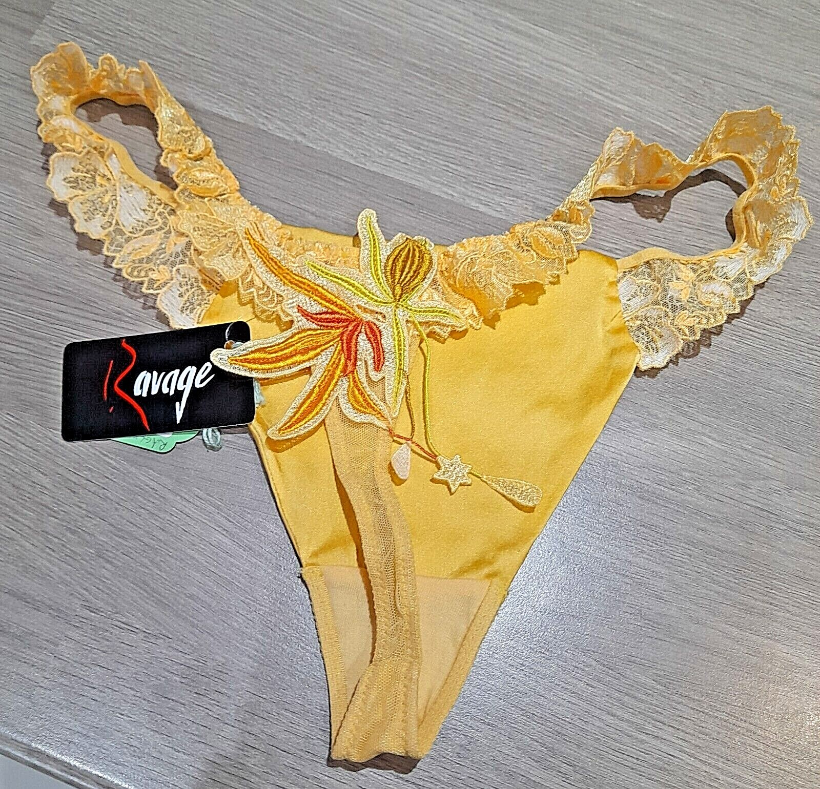 Ravage Yellow Equateur Satin/Embroidered Mesh TRIGONE Thong
