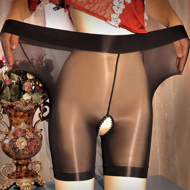 Womens Sheer Open Crotch Boxer Shorts Underwear Shiny Glossy See-through Panties