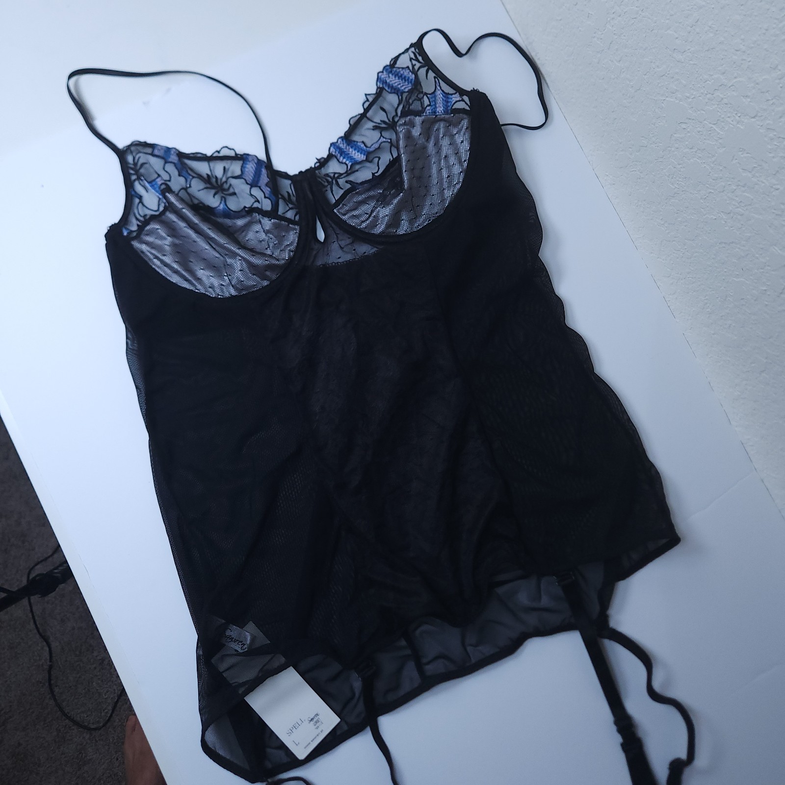 Large sheer mesh corset with garter underwire cups European lingerie