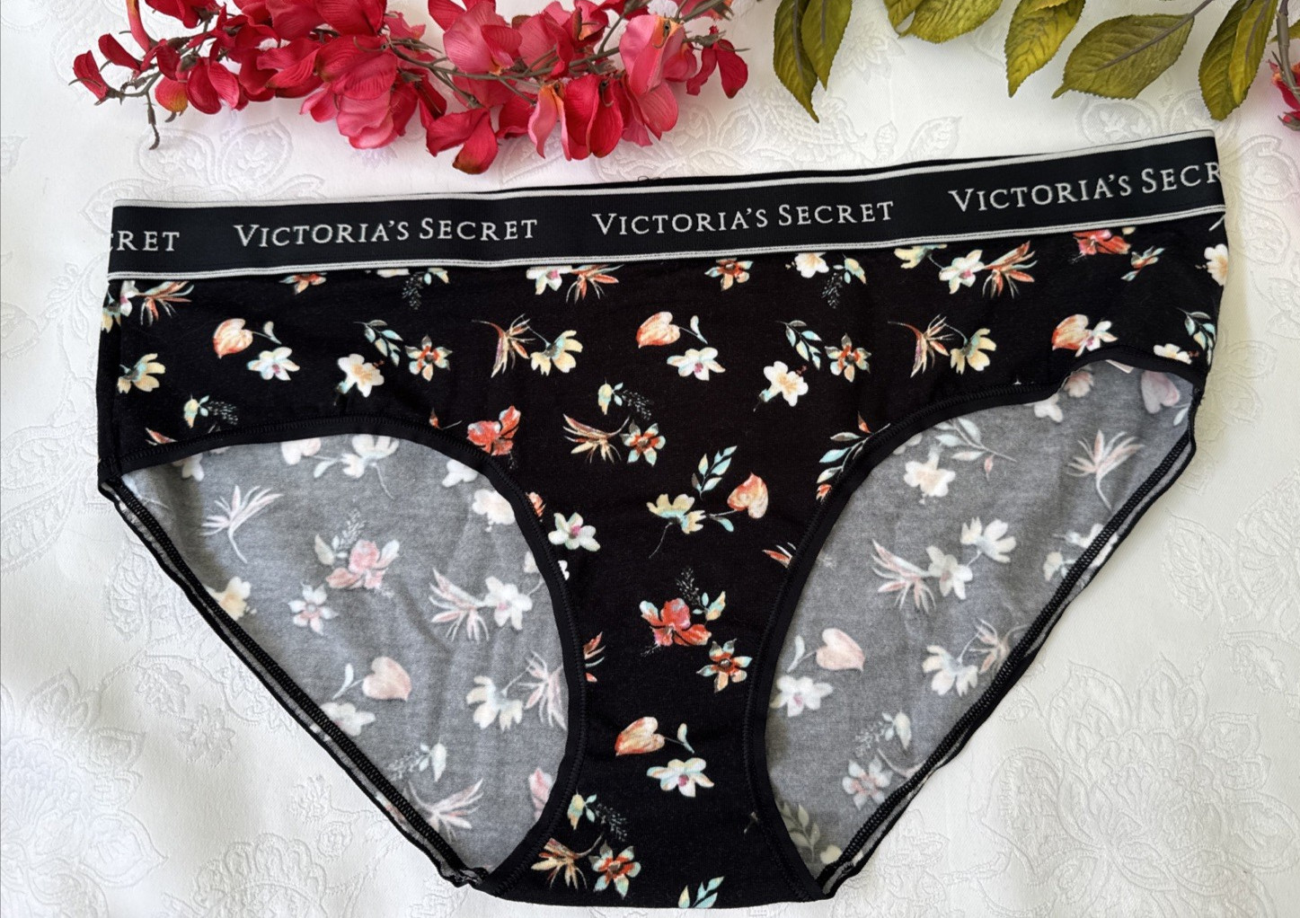 VICTORIA’S SECRET XL BLACK FLORAL COLORFUL HIPSTER HIPHUGGER SUMMER PANTIES NWT
