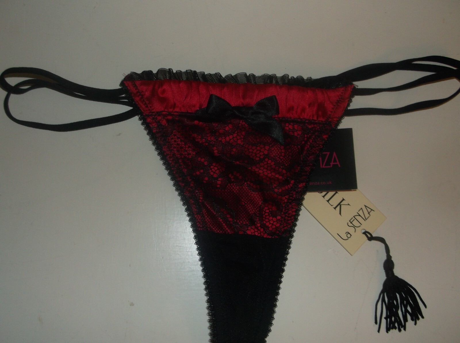 Bnwt La Senza 10 12 16 18 Thong Red Rouched Silk Black Lace