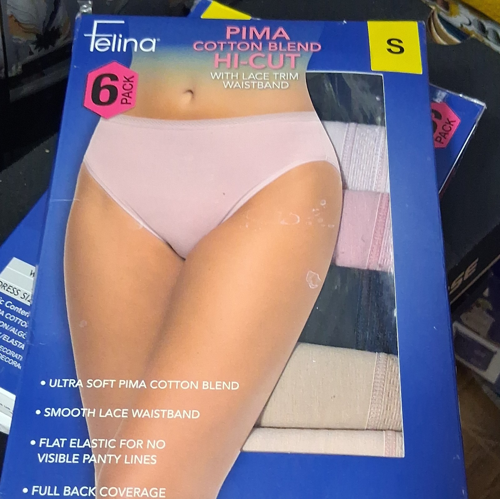 Felina Hi-Cut Panties 6-Pack S Pima Cotton Blend Lace Trim Ultra Soft Multi