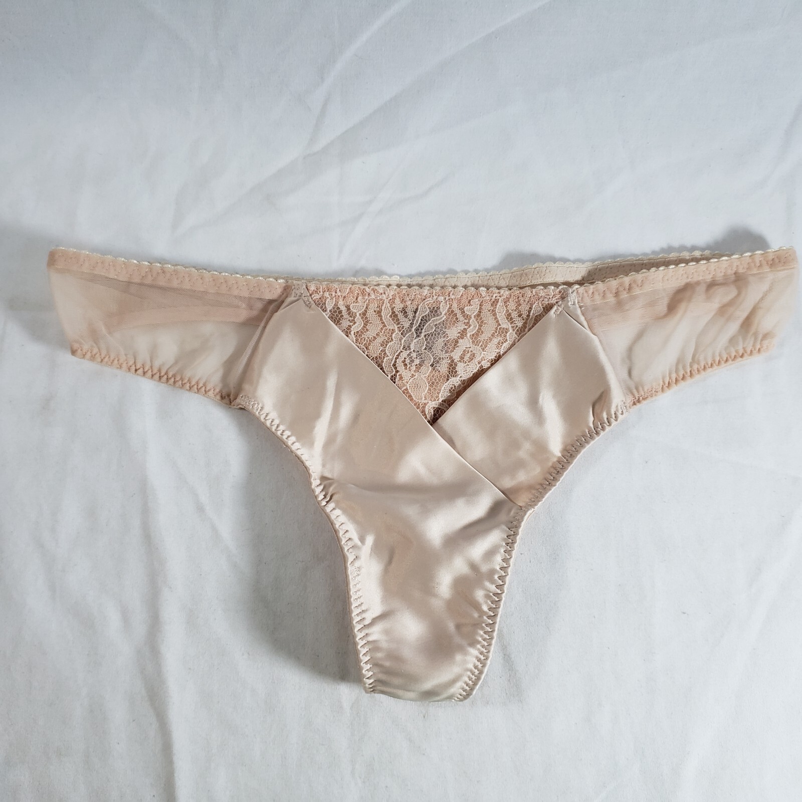 Victoria’s Secret Satin Low-Rise Thong Medium Beige Buff Sheer Mesh