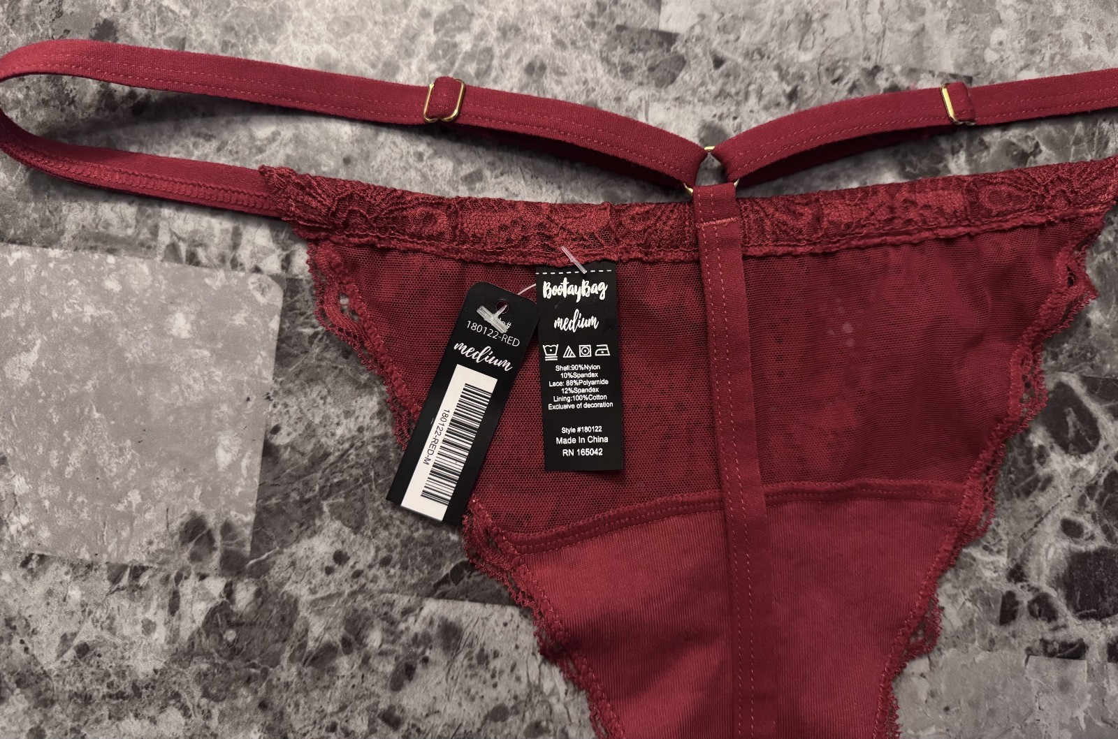 NWT BOOTAYBAG MEDIUM AUBURN RED FLORAL LACE ADJUSTABLE STRAPS V STRING PANTIES