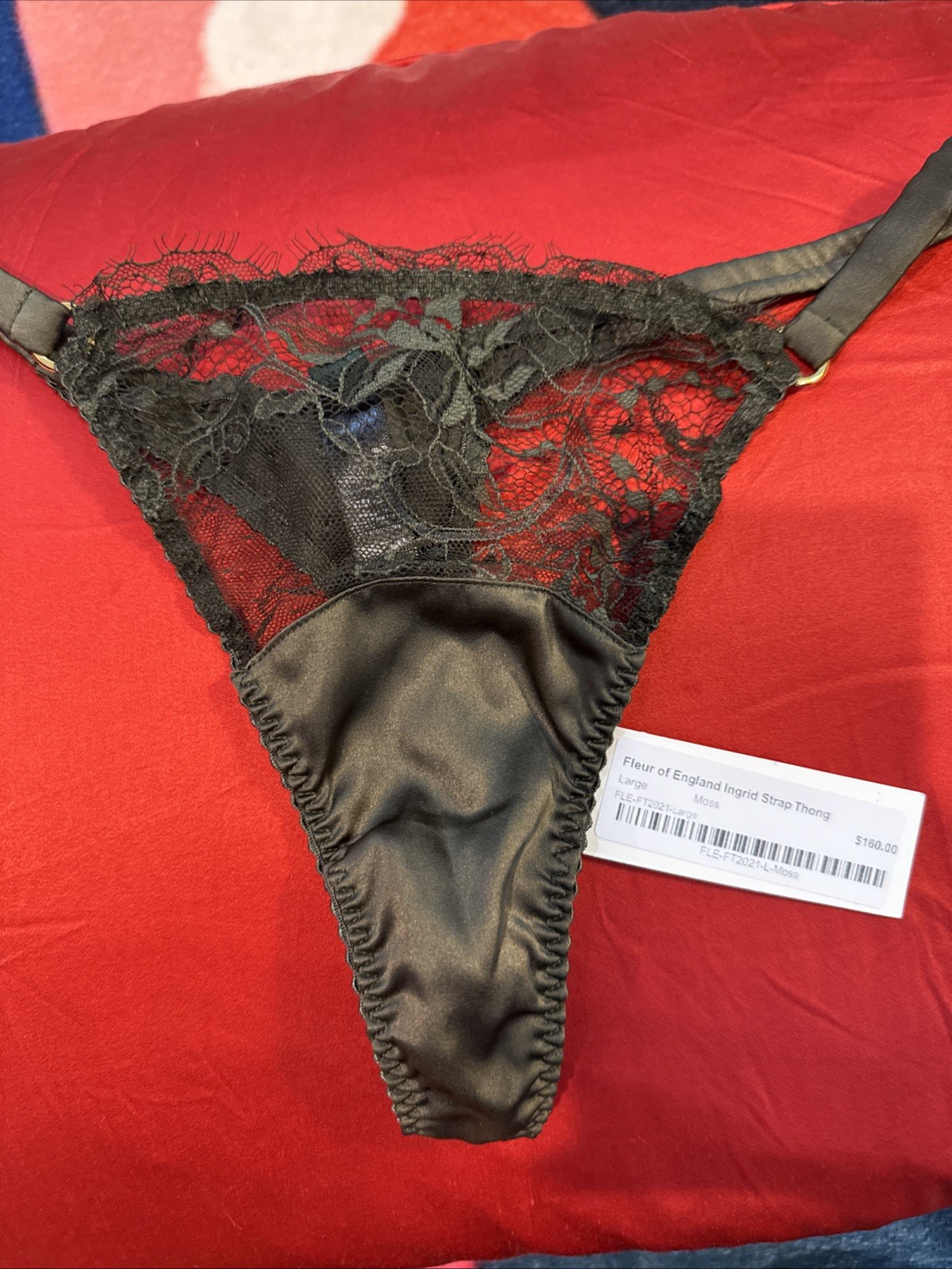 Fleur of England Silk Lace Thong Green Sz L UK Design Made In Portugal